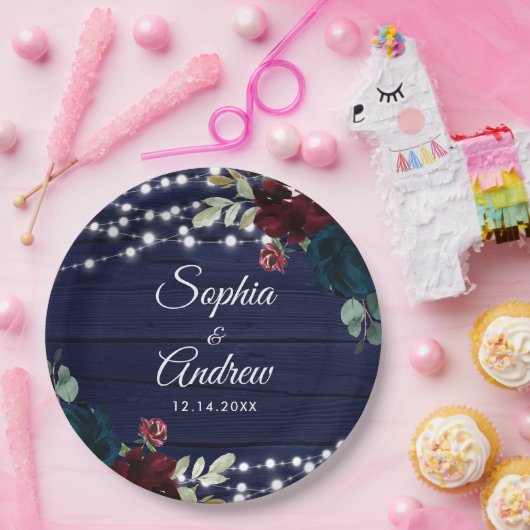 Assiettes En Carton Marsala en bois rustique & Fleurs bleues de marine (Fête)