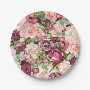 Assiettes En Carton Marsala Marron Bourgogne Rustique Floral Fleurs