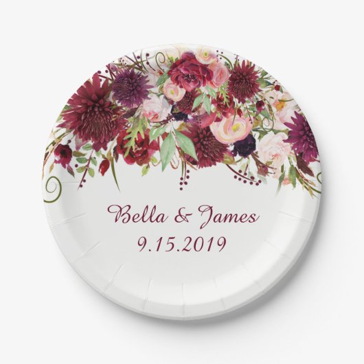 Assiettes En Carton Marsala Rouge Bourgogne Florale Mariage Plaque pap (Devant)
