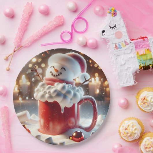 Assiettes En Carton Marshmallow Snowman Dans Chocolat Chaud (Fête)
