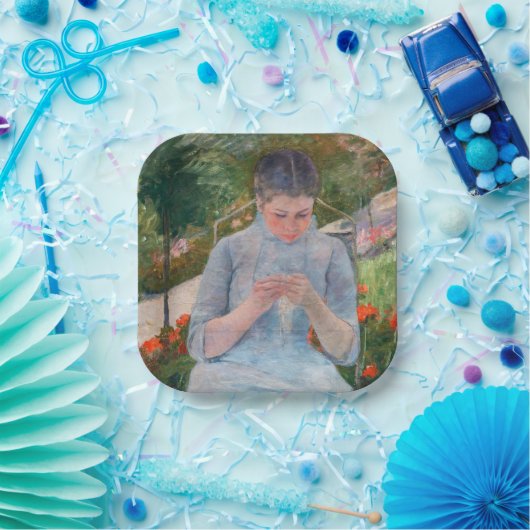 Assiettes En Carton Mary Cassatt - Fille couture dans un jardin (Fête)