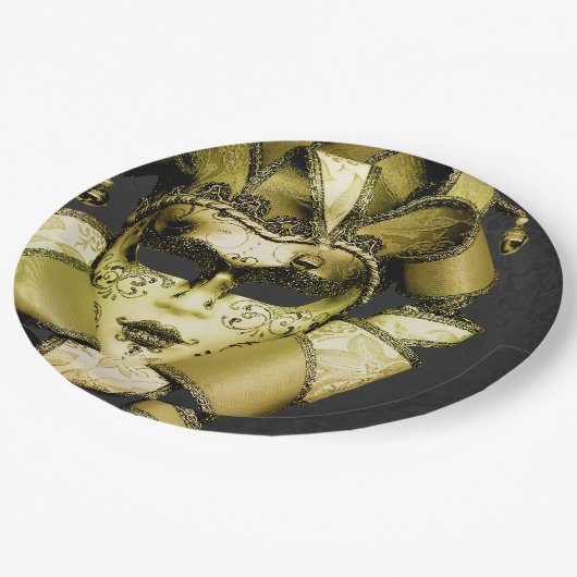 Assiettes En Carton Mascarade Mardi Gras Or Brossé (Angle)