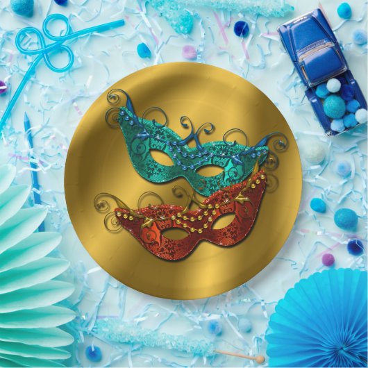 Assiettes En Carton Mascarade Masques, Or Satin Plaques Papier Satiné (Fête)