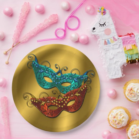 Assiettes En Carton Mascarade Masques, Or Satin Plaques Papier Satiné (Fête)