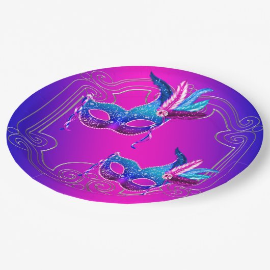 Assiettes En Carton Mascarade Turquoise rose violet (Angle)