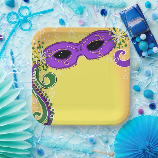 Assiettes En Carton Mascarade violet Masque jaune Masque étoiles (Fête)