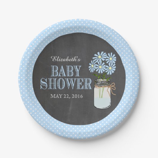 Assiettes En Carton Mason Jar Chalkboard Look Blue Dots Baby shower (Devant)