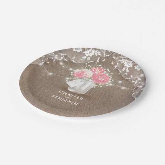 Assiettes En Carton Mason Jar Peonies Lace et Mariage Burlap (Angle)