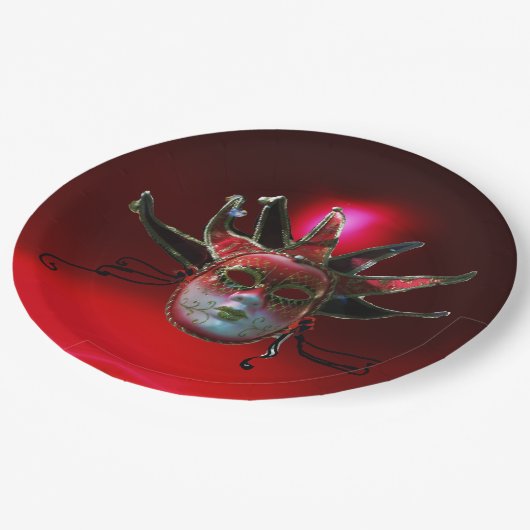 Assiettes En Carton MASQUE JESTER ROUGE NOIR, Fête Mascarade (Angle)