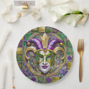 Assiettes En Carton Masque Mardi Gras Jester Vert Or