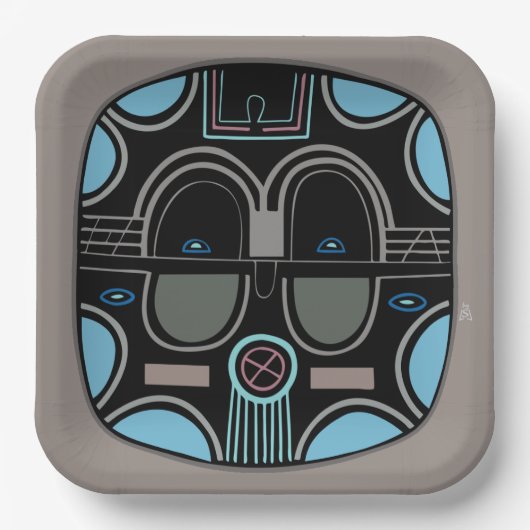 Assiettes En Carton Masque Tribal Africain moderne gris bleu et noir (Recto)