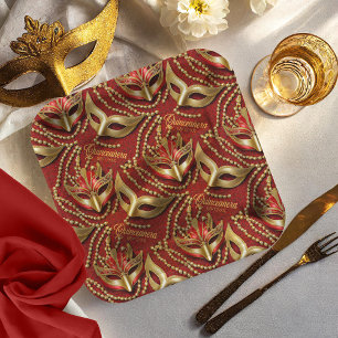 Assiettes En Carton Masquerade perles Quinceanera Masques Rouge ID1031