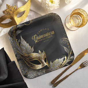 Assiettes En Carton Masquerade Quinceañera Bienvenue Black Gold ID1031