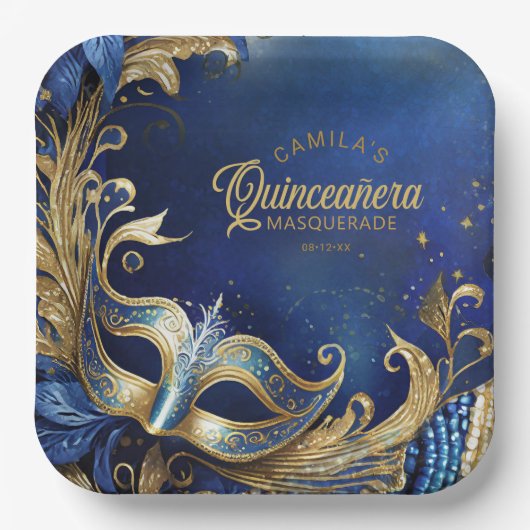 Assiettes En Carton Masquerade Quinceanera Blue Gold ID1031 (Recto)