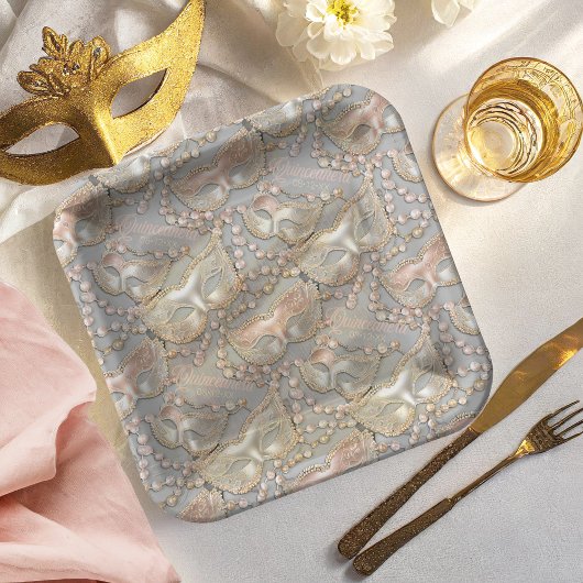 Assiettes En Carton Masquerade Quinceanera perles Masques Rose Gold ID
