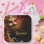 Assiettes En Carton Masquerade Quinceanera Rouge Or ID1031 (Fête)