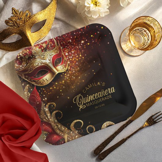 Assiettes En Carton Masquerade Quinceanera Rouge Or ID1031