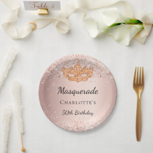 Assiettes En Carton Masquerade rose parties scintillant or poussière f