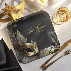 Assiettes En Carton Masquerade Sweet 16 Welcome Black Gold ID1032