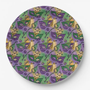 Assiettes En Carton Masques et perles de Mardi Gras violet vert jaune