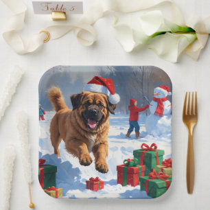 Assiettes En Carton Mastiff Tibétain Courant dans la Neige avec un Cha