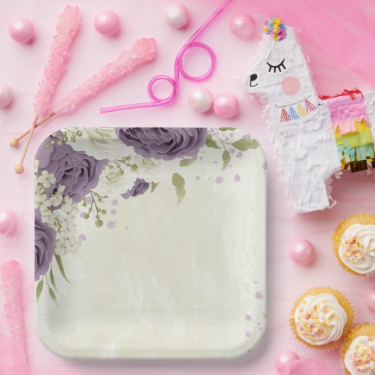 Assiettes En Carton mauve fleurs blanches verdure mariage (Fête)