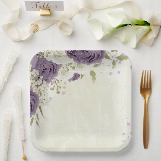 Assiettes En Carton mauve fleurs blanches verdure mariage (Mariage)