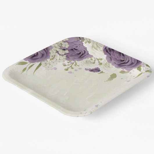Assiettes En Carton mauve fleurs blanches verdure mariage (Angulaire)
