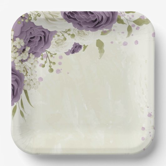 Assiettes En Carton mauve fleurs blanches verdure mariage (Recto)