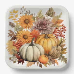 Assiettes En Carton Médaille florale de la récolte citrouille : feuill