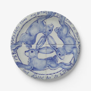 Assiettes En Carton Médaillon bleu et blanc à trois lièvres