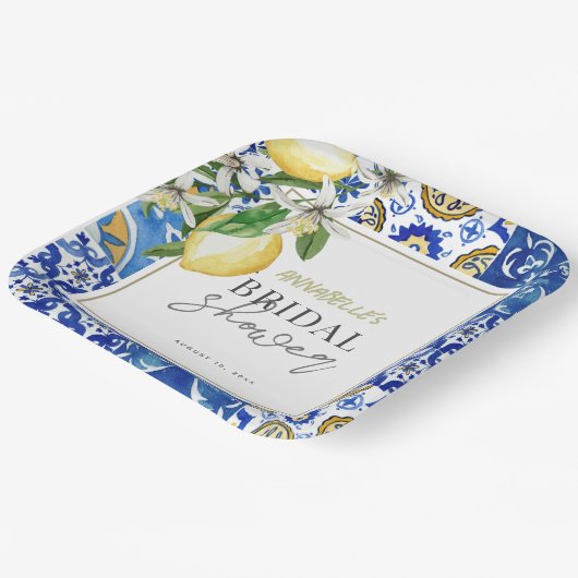Assiettes En Carton Méditerranéen Carrelage Bleu Citron Mariage (Angulaire)