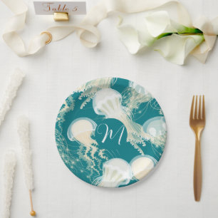 Assiettes En Carton Méduse En Bleu Océan Été Saison Monogramme
