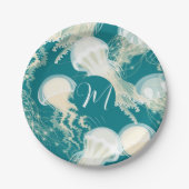 Assiettes En Carton Méduse En Bleu Océan Été Saison Monogramme (Devant)