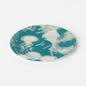 Assiettes En Carton Méduse En Bleu Océan Été Saison Monogramme (Angle)