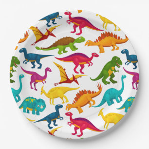 Assiettes En Carton Mélange de dinosaures colorés en toile noire