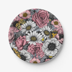 Assiettes En Carton Mélange de papillons de nuit en rose et gris