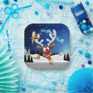 Assiettes En Carton Mème de Noël drôle de renne qui regarde par-dessus
