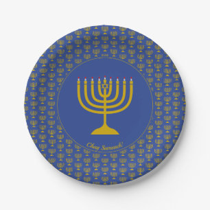 Assiettes En Carton MENORAH Personnalisable Mid Blue Hanoukka