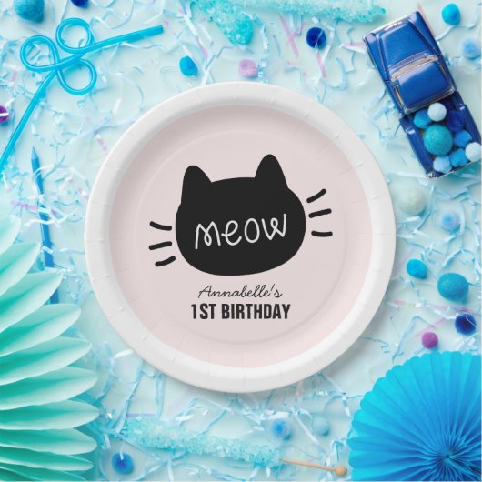 Assiettes En Carton Meow Chat noir visage rose fille Anniversaire (Fête)