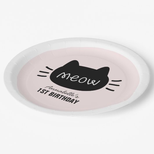 Assiettes En Carton Meow Chat noir visage rose fille Anniversaire (Angle)
