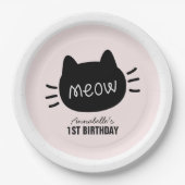 Assiettes En Carton Meow Chat noir visage rose fille Anniversaire (Devant)