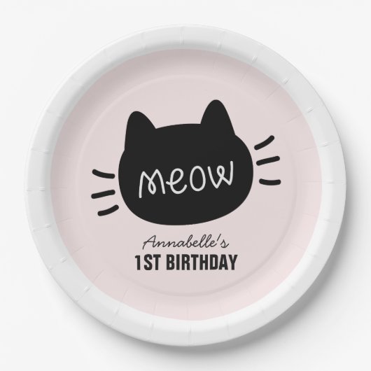 Assiettes En Carton Meow Chat noir visage rose fille Anniversaire (Devant)
