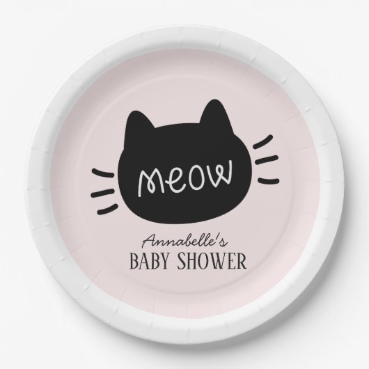 Assiettes En Carton Meow Chat noir visage rose fille Baby shower (Devant)