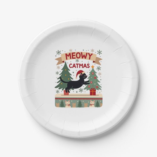 Assiettes En Carton Meowy Catmas, Chandail de Noël moche, Chat Christm (Devant)