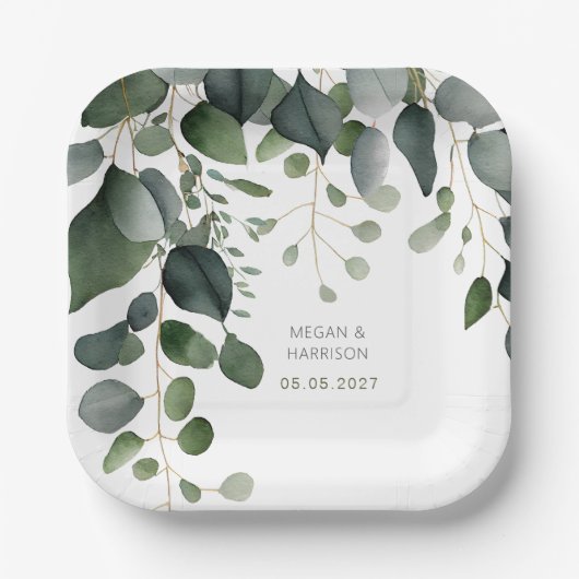 Assiettes En Carton Merci Mariage verdoyant et eucalyptus (Recto)