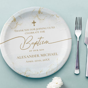Assiettes En Carton Merci moderne Blue Gold Cross Boy Baptême garçon