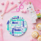 Assiettes En Carton Merci multilingue bleu et turquoise (Fête)