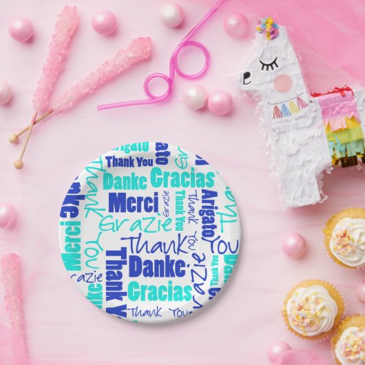 Assiettes En Carton Merci multilingue bleu et turquoise (Fête)