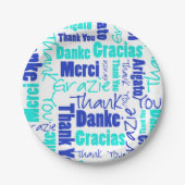 Assiettes En Carton Merci multilingue bleu et turquoise (Devant)